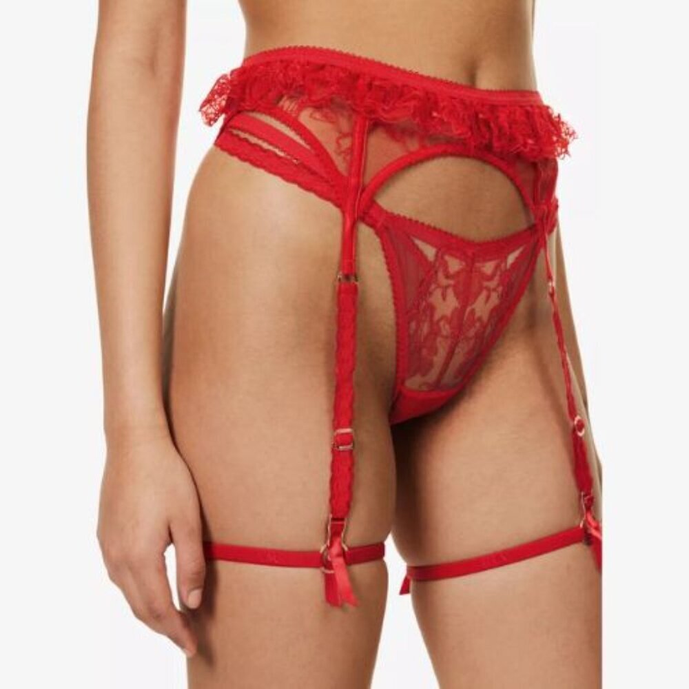 Lounge Red Danielle Lace Floral Ruffle Suspender Belt Size Large 51601
